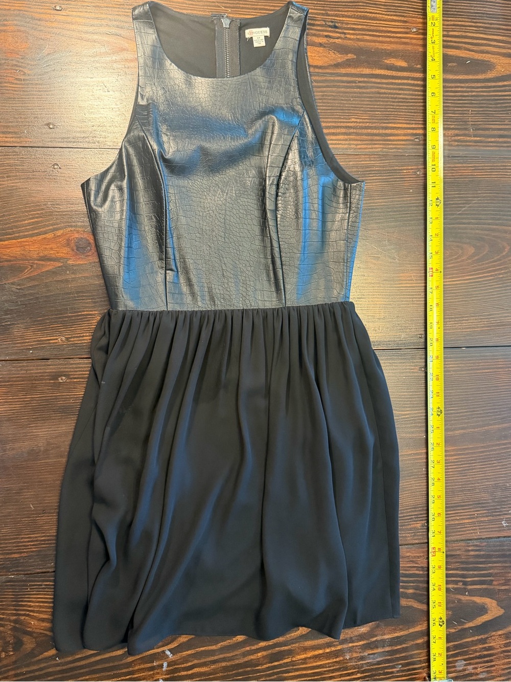 Guess Black Faux-Leather Bodice Mini Dress with Chiffon Skirt